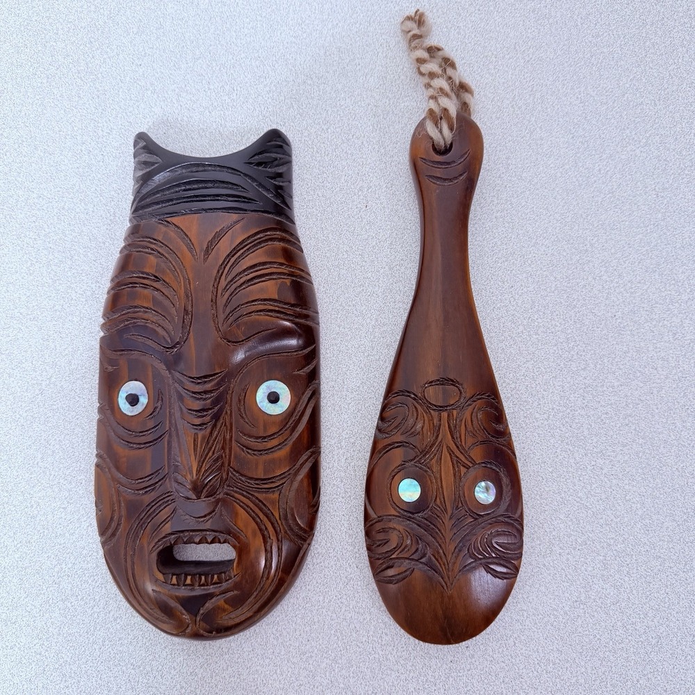 New Zealand Maori Hand Carved Wood Mask & Patu Paua Shell Wall Decor 11.5"